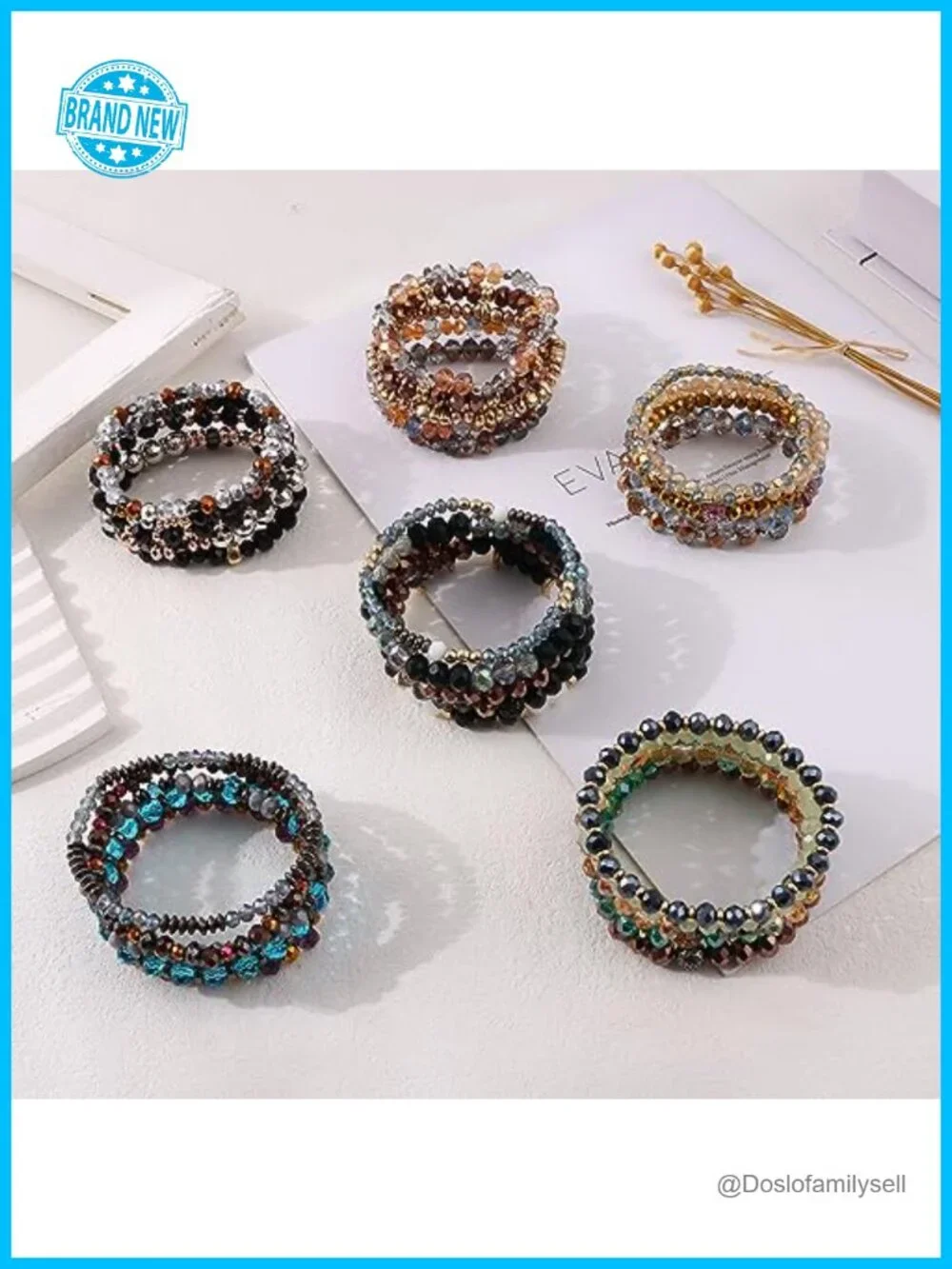 Bohemian Crystal Beaded Stretch Bracelet Set - 6 Pack Multilayered
